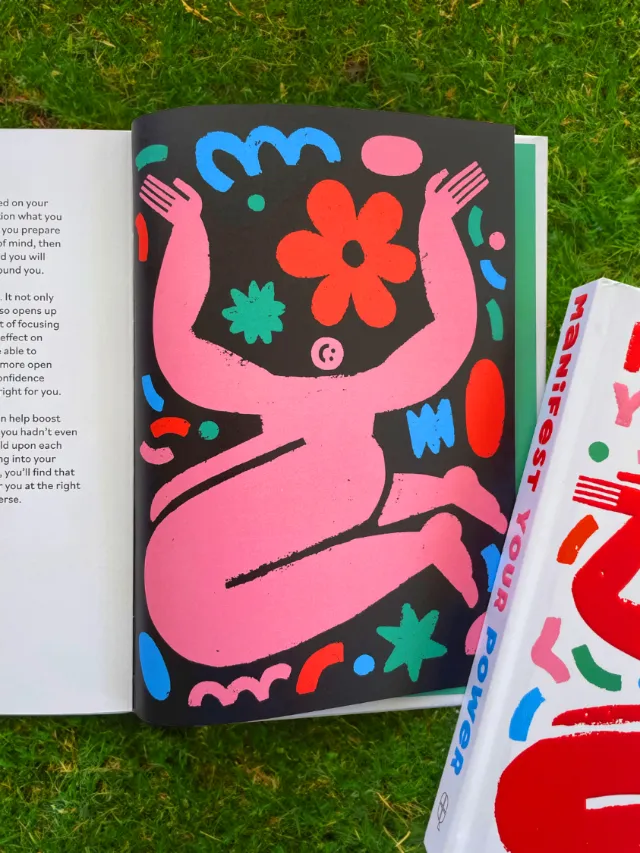 Abstract colorful illustration of a pink reclining figure with flowers