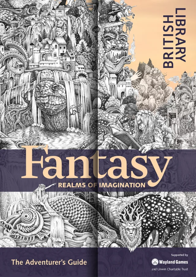 Detailed fantasy drawing with castles, dragons, and mythical creatures in black and white