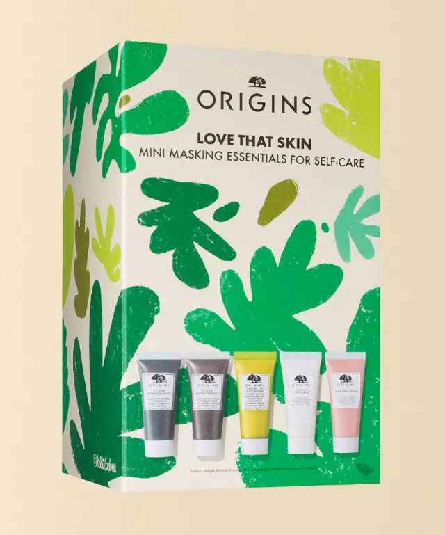 Origins Love That Skin mini mask set packaging with botanical art by Kelli Laderer