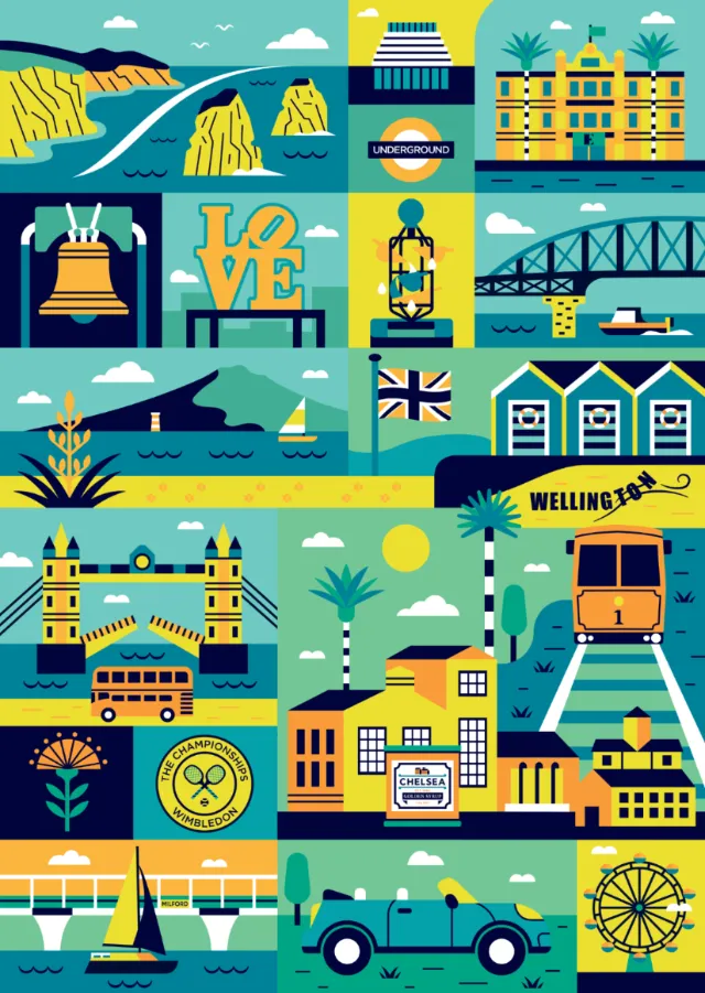 Illustration of London landmarks including Tower Bridge, red bus, and Big Ben.