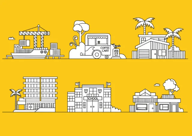Outline drawing of construction, coffee cart, and different building types