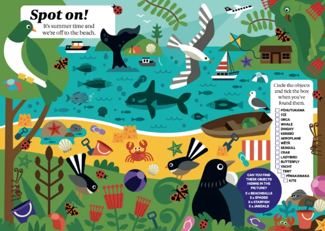 Illustration of beach with birds, sea animals, and hidden objects to spot