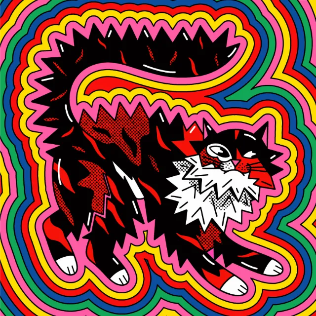 Illustration of a black and red cat with psychedelic multicolor background