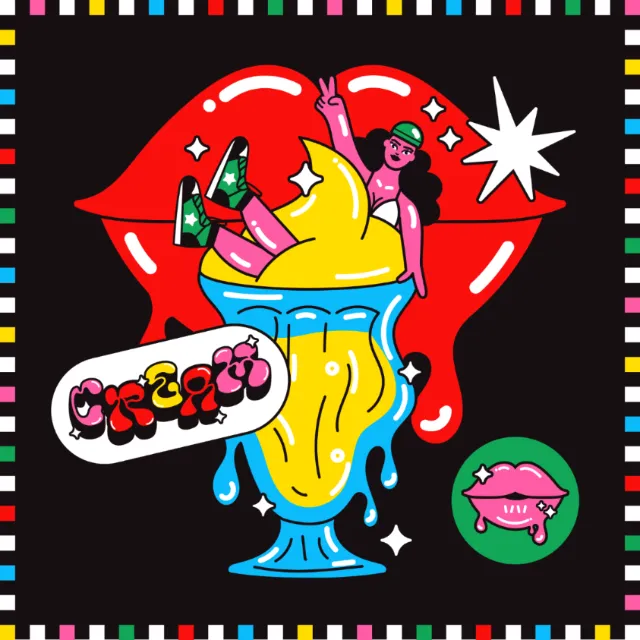 Pop art lips with melting dessert and a small person in vibrant colors