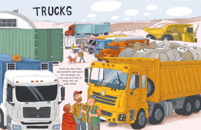 Illustration of various trucks and workers at a worksite by Olga Popova