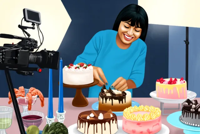 Woman styling cakes on film set by Juliette Toma
