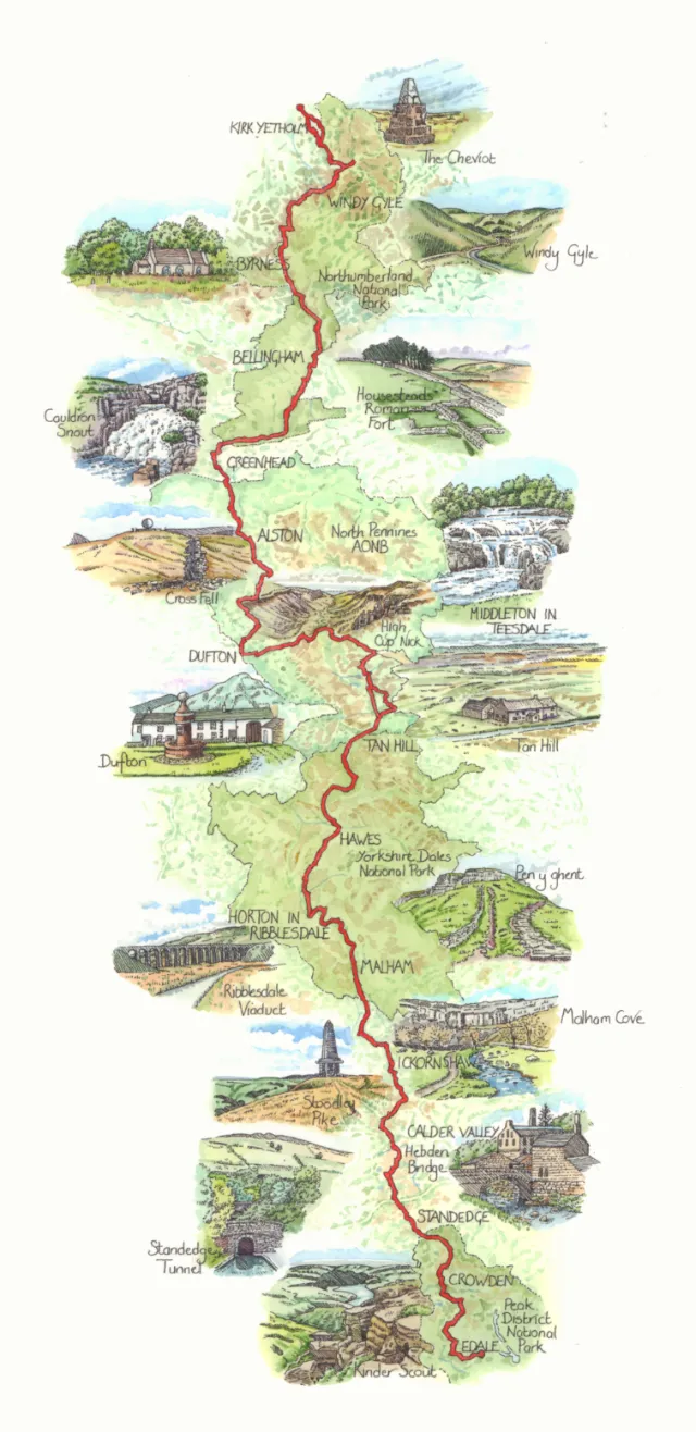 Illustrated map of Pennine Way hiking route by Liz Pepperell