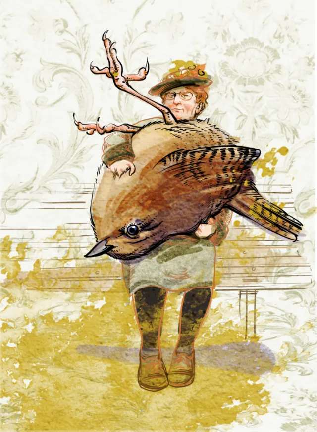 Woman awkwardly holding a large wren bird illustration