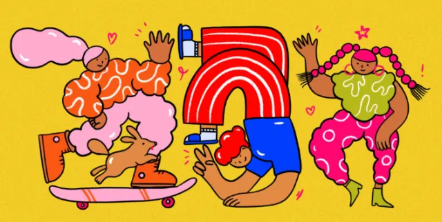 Three colorful characters dancing and skateboarding on yellow background