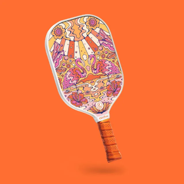 Pickleball paddle with orange, pink, and yellow floral abstract art