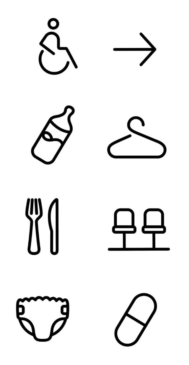 Icons showing accessibility, arrow, baby bottle, hanger, cutlery, seats, diaper, and pill.