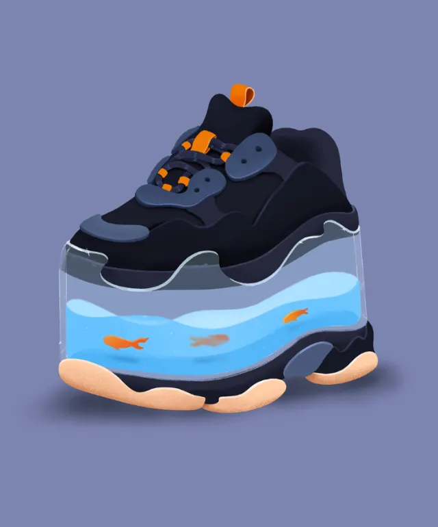 Black sneaker with clear sole filled with water and swimming goldfish