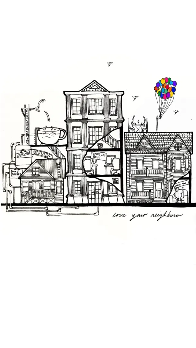 Sketch of connected houses with a bunch of colorful balloons floating above.