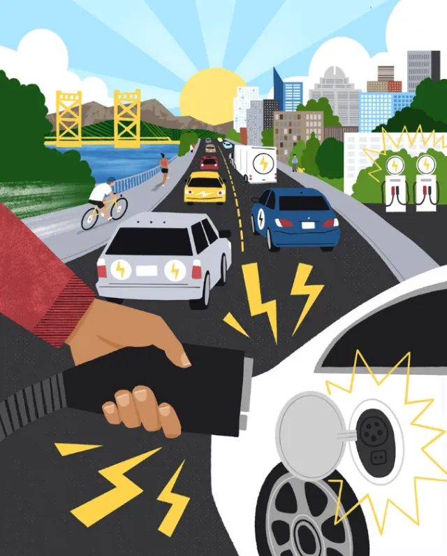 Electric cars charging on a sunny city highway with Sacramento landmarks