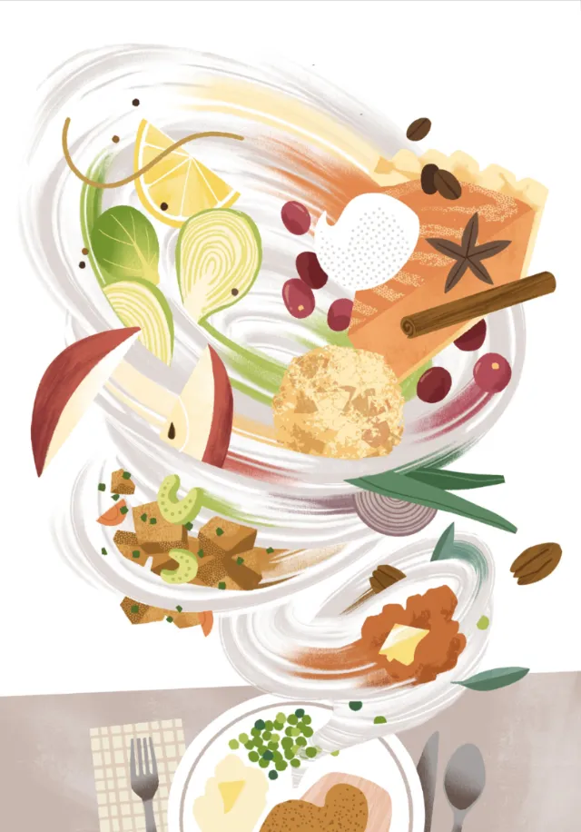 Thanksgiving food ingredients and spices swirling in air