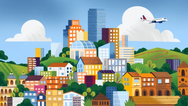 Colorful cityscape with buildings, hills, clouds, and Delta plane flying