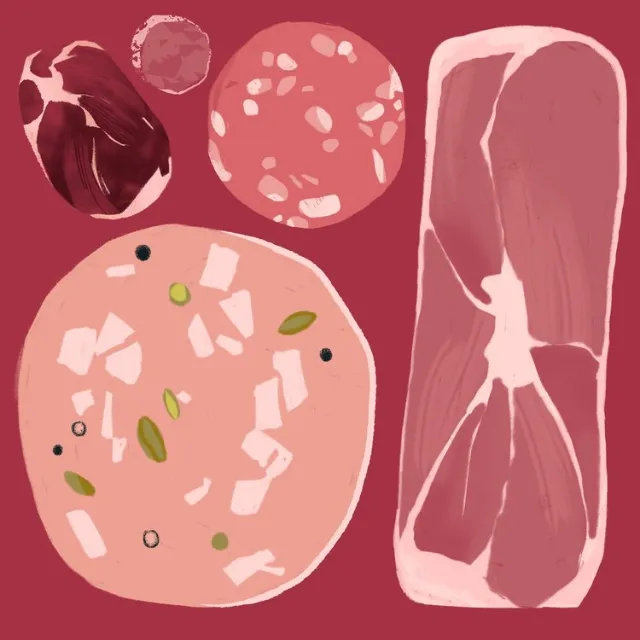 Abstract graphic of Italian cured meats in various shapes and colors