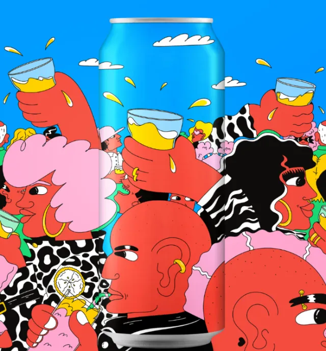 Two people in a colorful crowd clinking glasses of beer