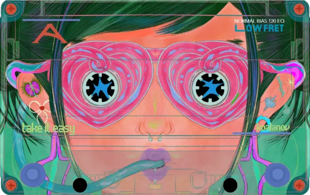 Person wearing pink heart-shaped glasses with neon lighting effects.