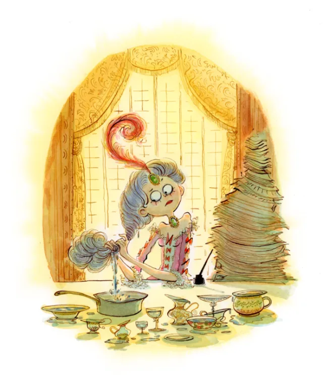 Whimsical illustration of a woman amid socks and teacups by Agnès Ernoult