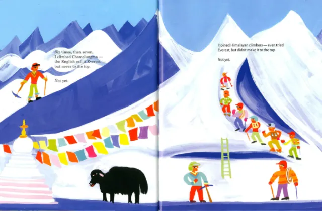 Climbers with gear and yak near prayer flags in snowy Himalayan mountains