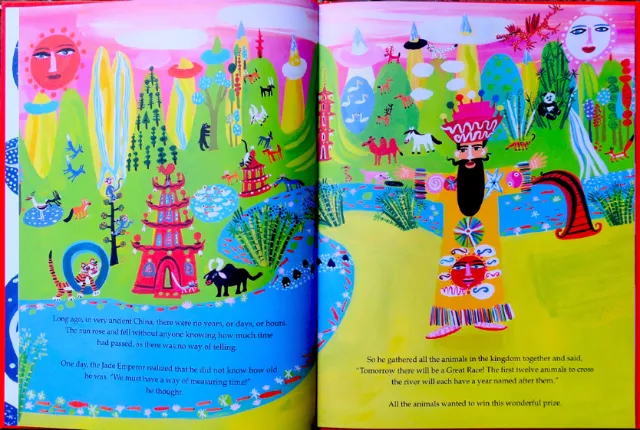 Bright fantasy scene with animals, trees, and mystical creatures
