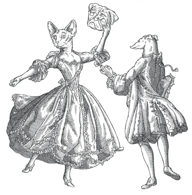 Victorian-style engraving of animals dancing in period costumes