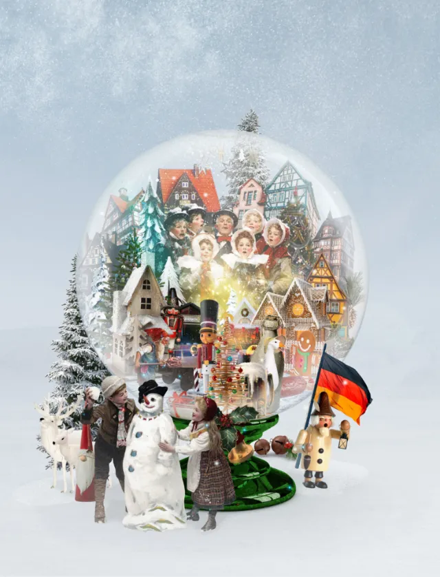 Christmas-themed snow globe with festive village and characters