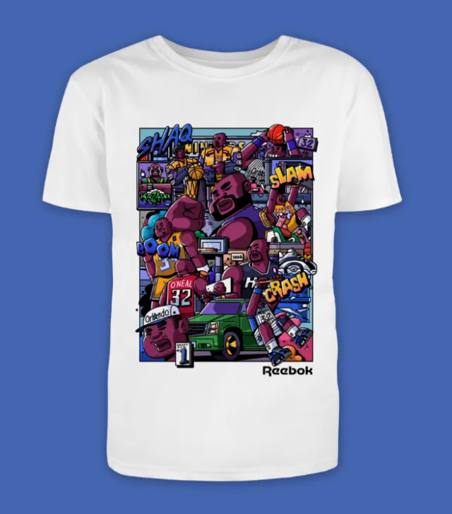 Comic-style artwork featuring basketball, trucks, and urban scenes on a shirt