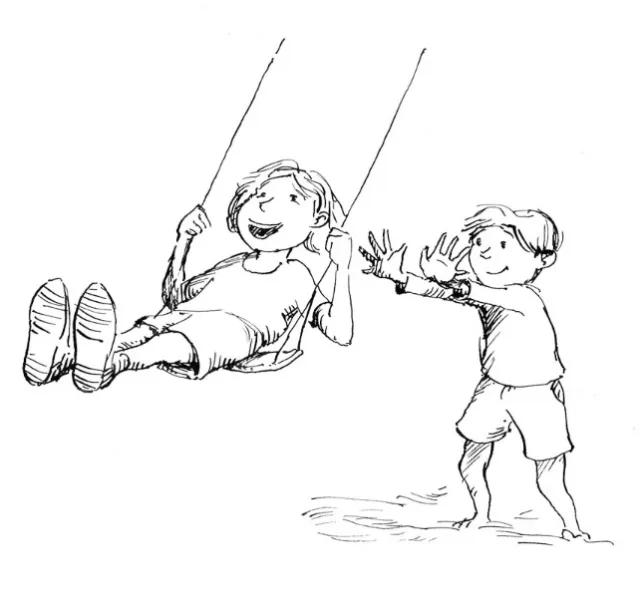 Boy pushing girl on a swing in a black and white ink drawing