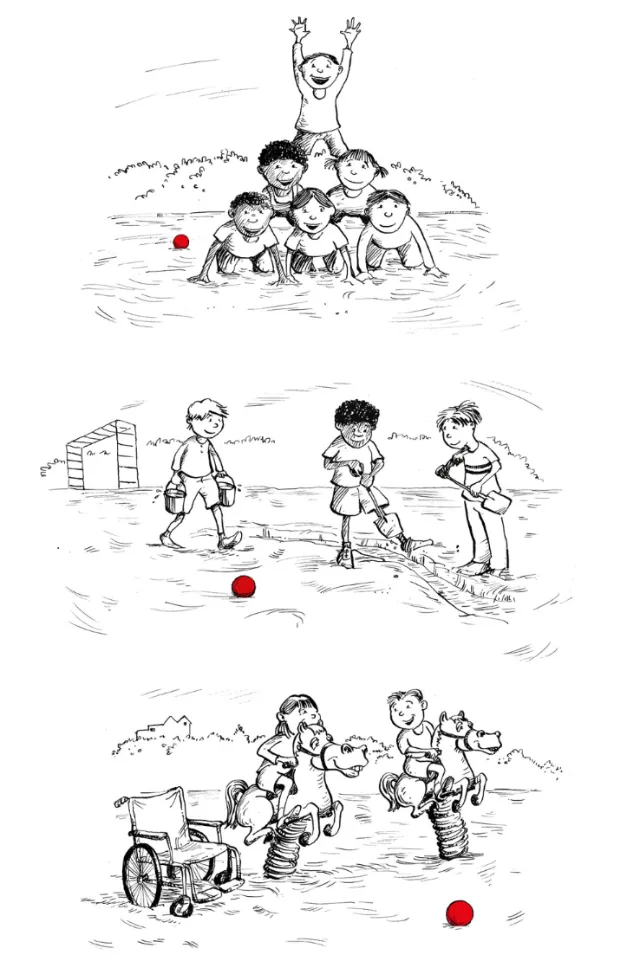 Illustration of children playing outside with a red ball near a goal and on a seesaw