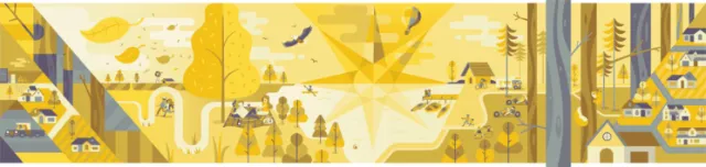 Yellow abstract landscape with trees, people, and buildings
