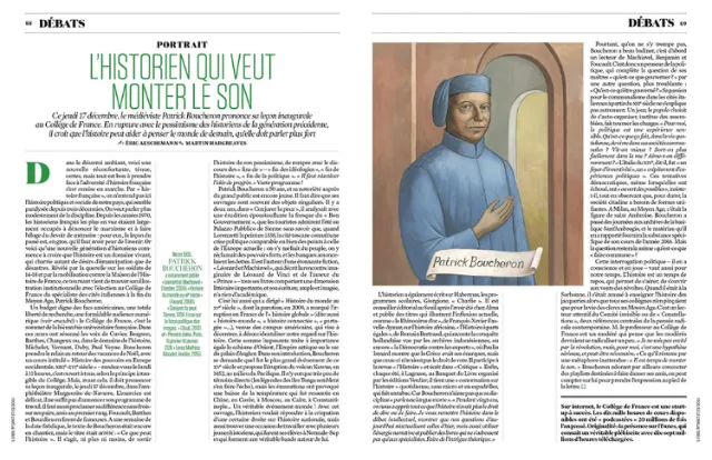 Magazine article featuring historian Patrick Boucheron and illustrated portrait