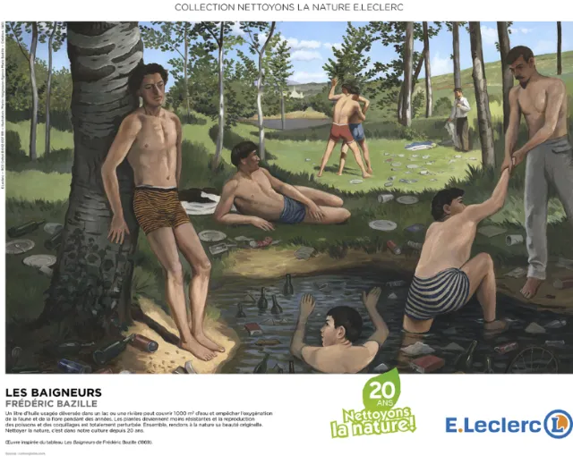 Men swimming and resting by a forest river