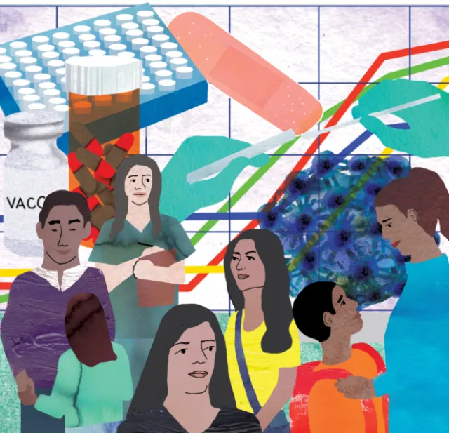 Illustration of diverse people and vaccine vials in a healthcare setting by Jennifer Maravillas-Bell