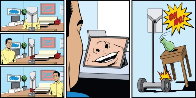 Man using a tablet that causes a chair to break in a comic strip.