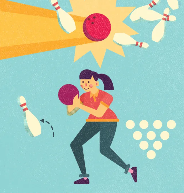 Illustration of a girl playing bowling with pins and a red ball