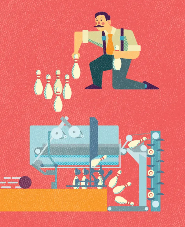 Illustration of man setting bowling pins with machine mechanism