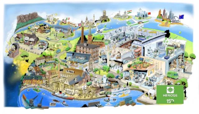 Illustrated map with buildings, factories, landmarks, and greenery across a landscape.