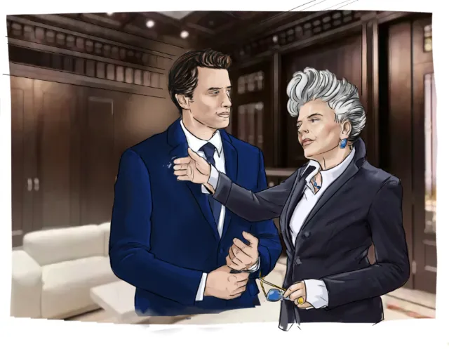 Man and woman in business attire talking in office setting