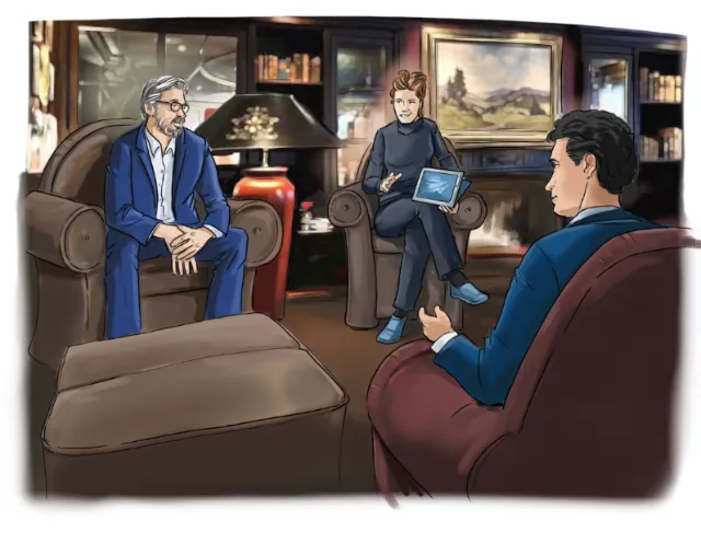Three individuals having a meeting in a comfortable room with armchairs.