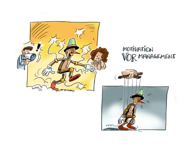 Illustration of a scared explorer puppet manipulated by strings and a man with a flashlight.