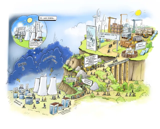 Cartoon showing coal power plants and a futuristic sustainable energy city