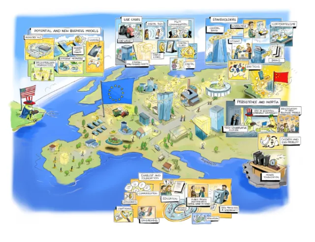 Illustrated map of Europe with business sectors and landmarks by Thomas Andrae