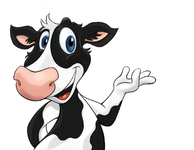 Smiling cartoon cow with black and white spots waving hand