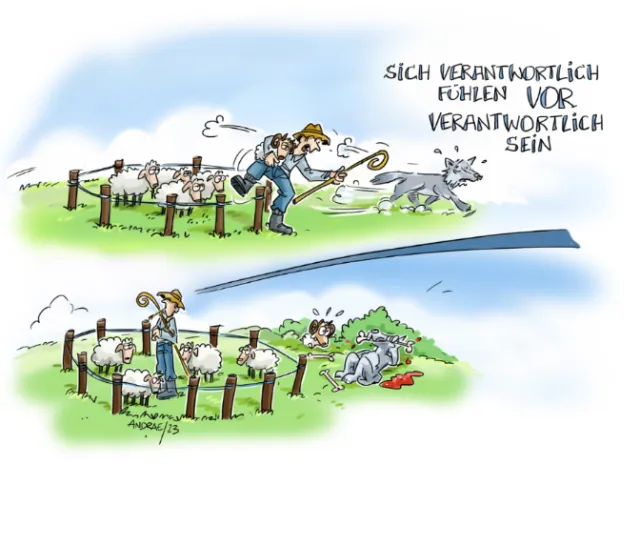 Cartoon showing man with sheep and dog symbolizing responsibility.