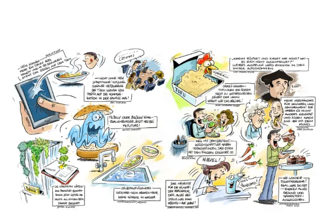 Cartoon showing people and devices talking, illustrating communication and technology themes