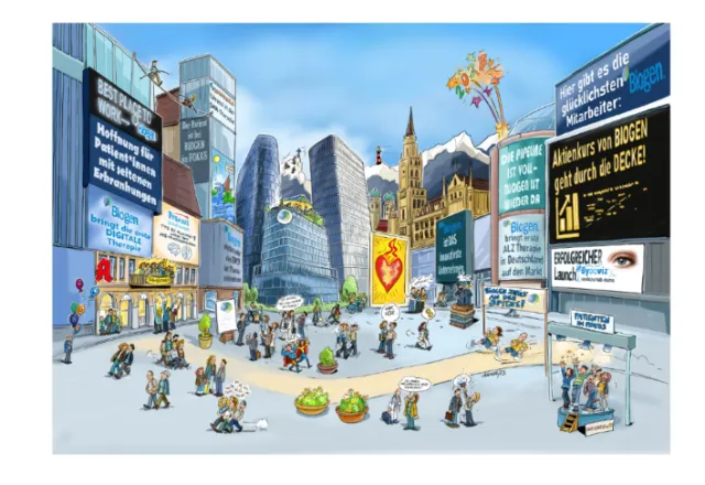 Crowded city square with people, modern architecture, and colorful signs