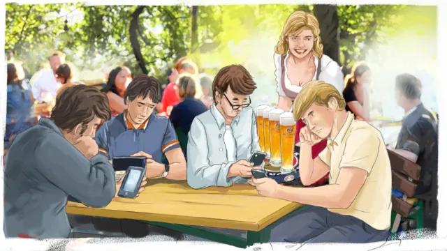 Young adults sitting at picnic table, focused on their smartphones outdoors