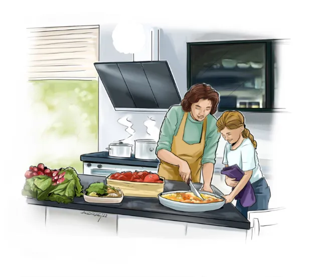 Woman and girl preparing food together in kitchen